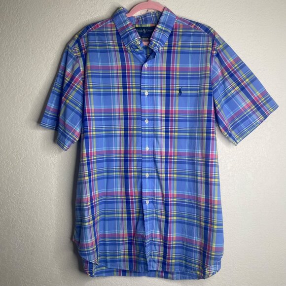 Ralph Lauren Button Down Shirt Mens XL Blue Plaid Short Sleeve  Classic Fit Cott - Picture 6 of 11